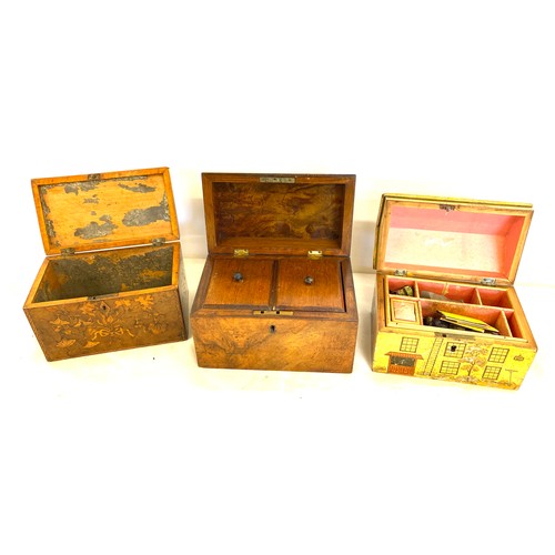 291 - 2 Antique tea caddies, 1 antique sewing box with contents