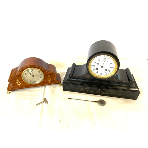 290 - Inlaid mahogany mantel clock and a 2 key whole clock, untested