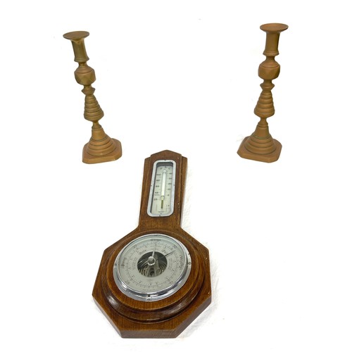 12 - Pair brass candlesticks, wall hanging small barometer