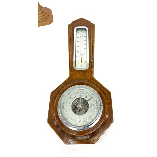 12 - Pair brass candlesticks, wall hanging small barometer