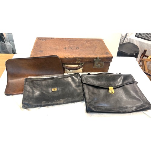 49 - Vintage leather initialled suitcase, leather document pouches