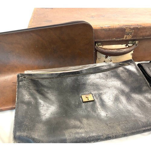 49 - Vintage leather initialled suitcase, leather document pouches