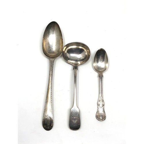 44 - 3 antique irish & scottish silver spoons teaspoon ladle and table spoon weight 140g