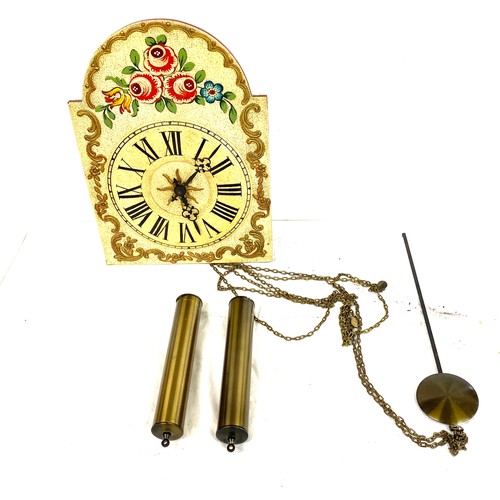 53 - Arch dial painted clock face from long case clock with pendulum and weights