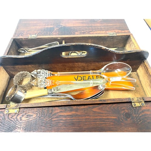 19 - Vintage wooden cutlery box and cutlery