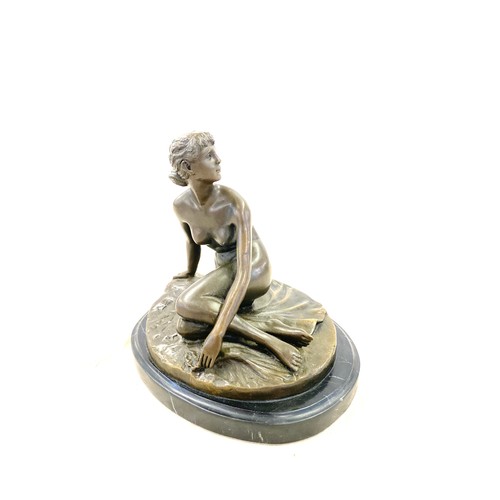 53 - Art Nouveau Bronze Sculpture - Sitting Nude Lady - signed by Peter Breuer on a marble base height 6