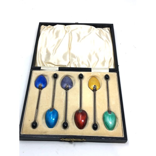 11 - Antique boxed set of 6 silver & enamel tea spoons