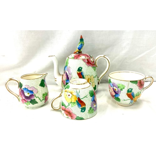 28 - Small Vintage Crown Staffordshire Blossom-time teapot, 2 cups, small milk jug, one cup is cracked as... 