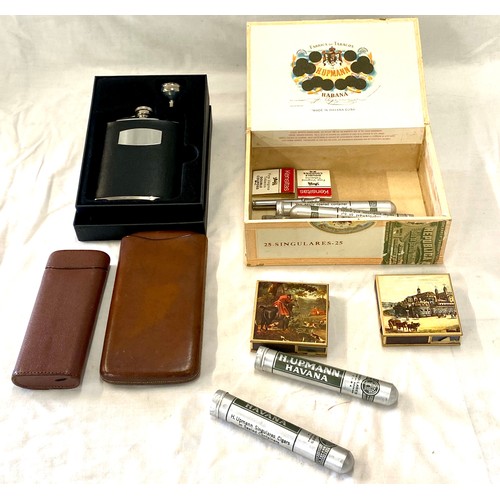 3 - Hip flask, cigars, cigar cases, the tubes do contain cigars