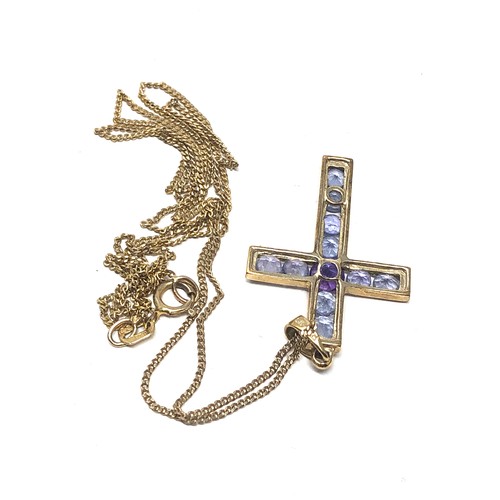 51 - 9ct gold amethyst & tanzanite cross pendant on chain