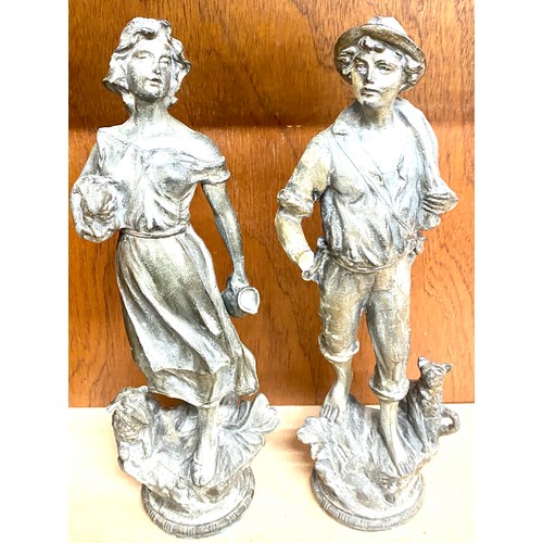 14 - 2 Spelter figures, male figure has broken arm, height 13 inches