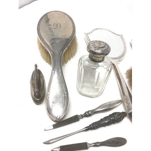 17 - selection of silver items inc brushes & mirror scent bottle etc