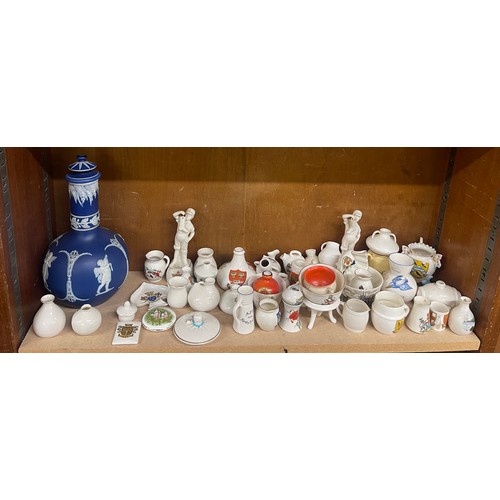 38 - Quantity of crested ware including Goss, Wedgwood, Blue Jasperware, flask