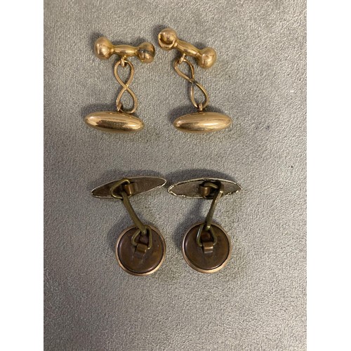 60 - Pair of gents 9 ct gold cufflinks, and a pair of yellow metal and enamel cufflinks
