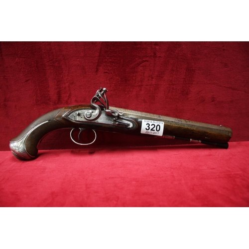 320 - MORTIMER & SON FLINT LOCK PISTOL WITH SILVER MOUNTING
