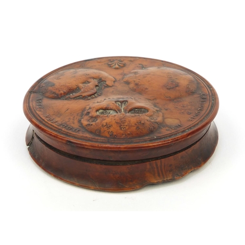 35 - 19th Century French fruitwood snuff box with tortoiseshell lined interior, the lid decorated in with... 