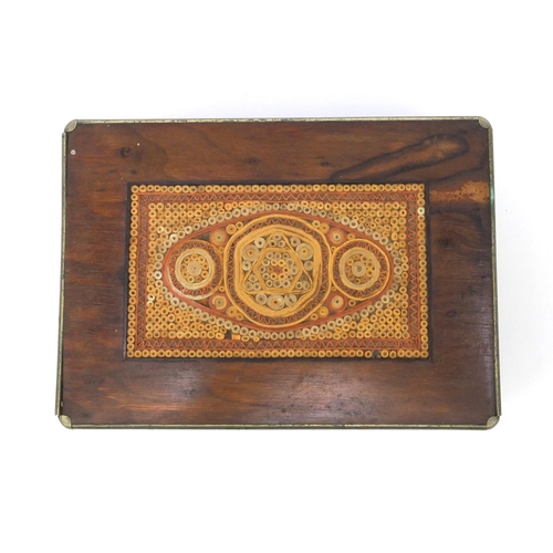 27 - Victorian olive wood box decorated with a scrolled paperwork top and silver plated edging, 19cm wide