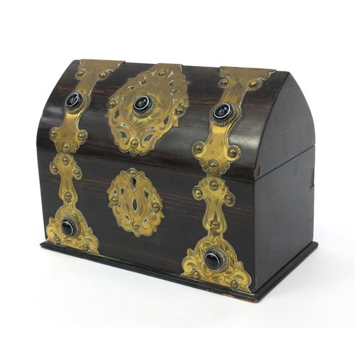 20 - Victorian coromandel brass bound stationery box with cabochon hardstone roundels, 24cm wide