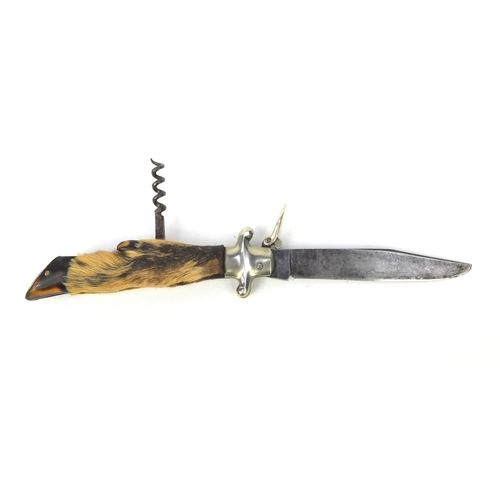 58 - Military interest German deer foot combination knife and corkscrew, 25.5cm long when opened