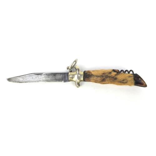 58 - Military interest German deer foot combination knife and corkscrew, 25.5cm long when opened