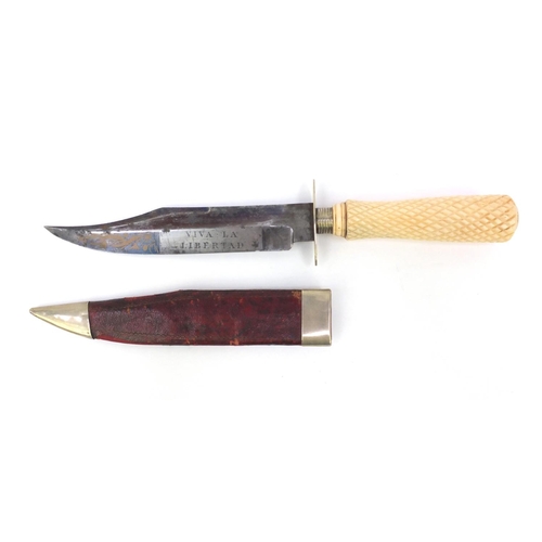 57 - Sheffield clip-point Bowie knife with ivory handle and leather sheath, the blade stamped 'Viva La Li... 