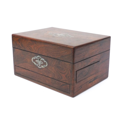 22 - Victorian rosewood toilet box with two pull out drawers, with mother of pearl inlay and metal string... 