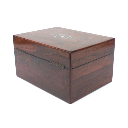 22 - Victorian rosewood toilet box with two pull out drawers, with mother of pearl inlay and metal string... 