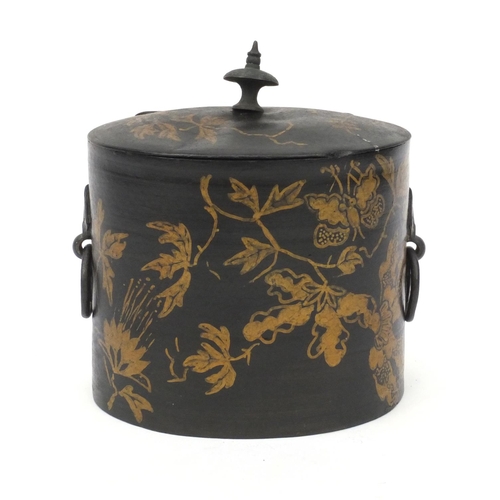 15 - Regency pewter toleware tea caddy hand painted with flowers and insects, 13cm high