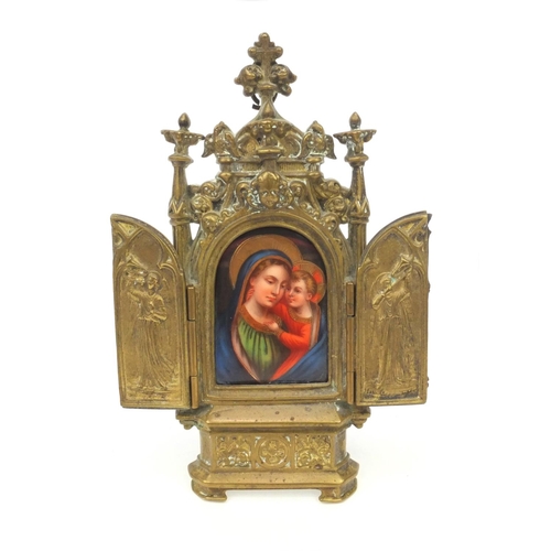 6 - Victorian religious brass easel frame inset with a hand painted porcelain plaque of Madonna and chil... 