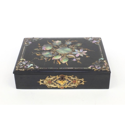 29 - Victorian mother of pearl inlaid black lacquered workbox, the lid with floral decoration and mother ... 