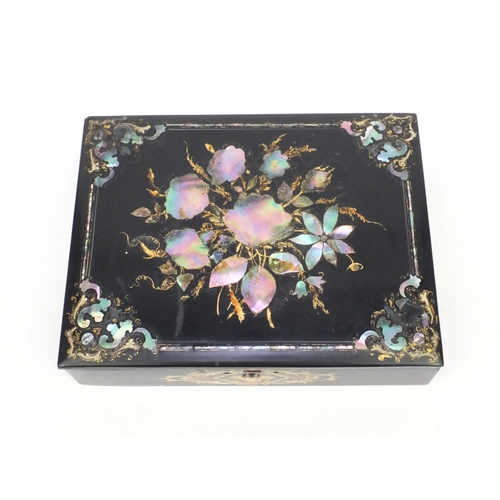 29 - Victorian mother of pearl inlaid black lacquered workbox, the lid with floral decoration and mother ... 