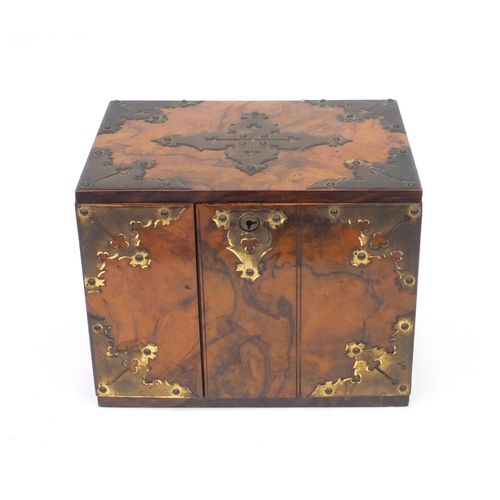 26 - Victorian burr walnut box with brass mounts, fitted with two drawers and carrying handles, 24cm high... 