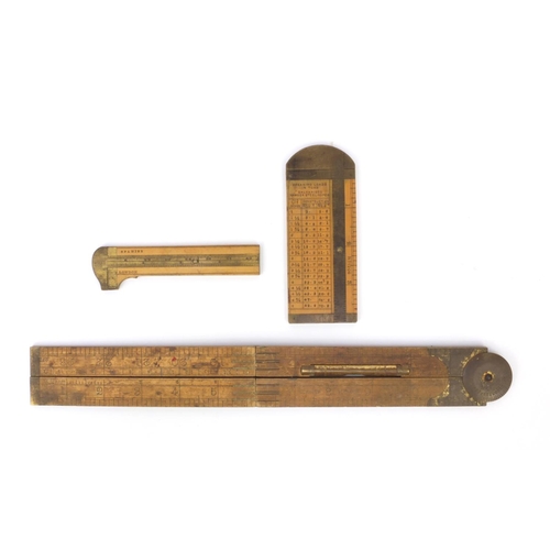 43 - Three wooden and brass rules including a Rabone example with inset spirit level numbered 1190, and a... 