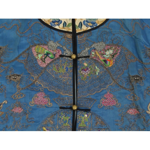 577 - Chinese silk Kimono profusely embroidered with roundels of birds of paradise, phoenixes, flowers and... 
