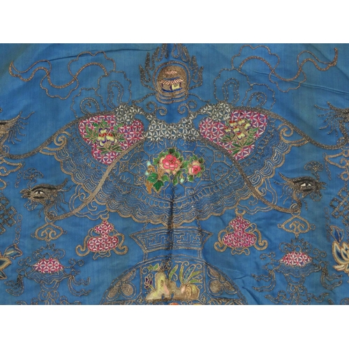 577 - Chinese silk Kimono profusely embroidered with roundels of birds of paradise, phoenixes, flowers and... 