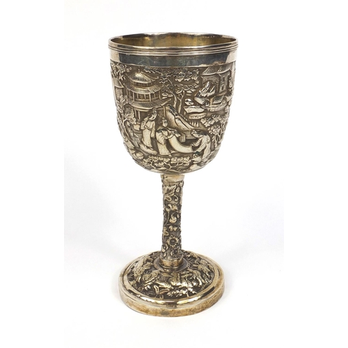 797 - Chinese silver Masonic interest goblet profusely embossed with figures, pagodas and trees, with engr... 