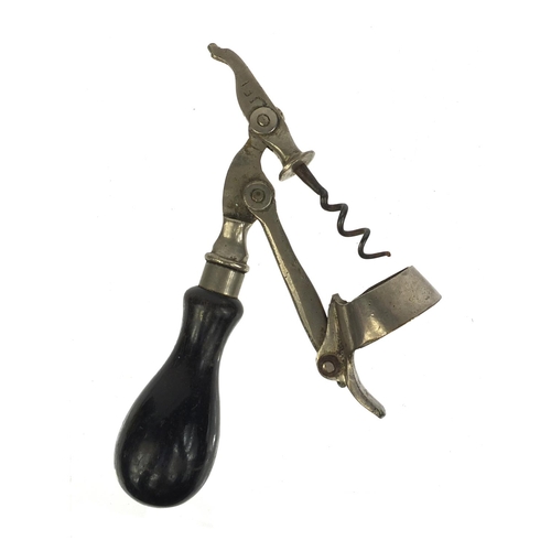 18 - J B & Sons improved lever patent action corkscrew with wooden handle, 20cm when closed