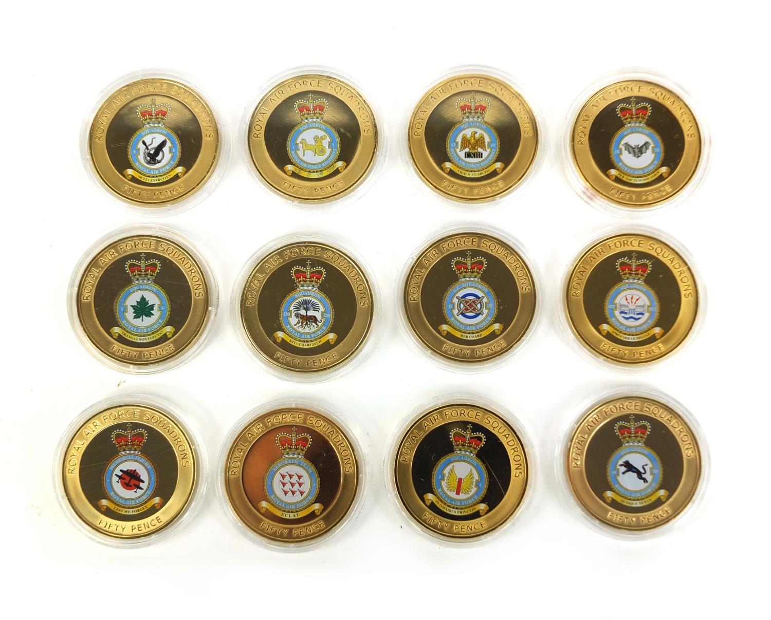 Set of twelve gold plated Royal Air Force squadrons fifty pence coins ...