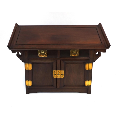 2001 - Chinese rosewood side table with good quality  brass fittings, fitted with two drawers above a pair ... 