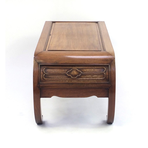 2003 - Chinese hardwood coffee table, rectangular top above a carved apron won C scroll legs, 40cm high x 9... 