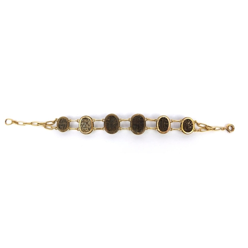 931 - Egyptian unmarked gold Scarab beetle bracelet, 22cm long, approximate weight 22.2g