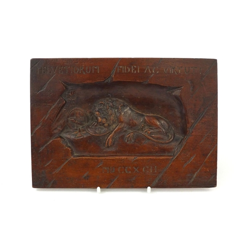 23 - 19th Century wooden memorial plaque depicting The Lion of Lucerne, 'Helvetiorum Fidei Ac Virtuti', 1... 