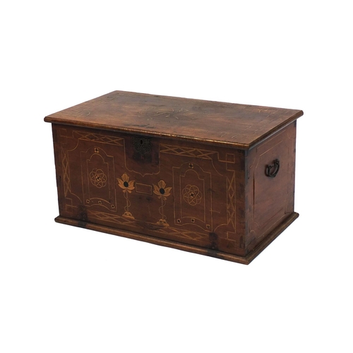 2008 - Colonial walnut chest with hinged lid, stylised floral inlay and iron carrying handles, 42cm high x ... 