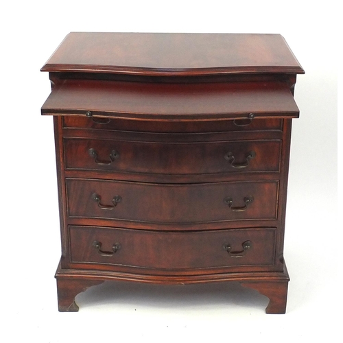 2054 - Reproduction mahogany serpentine fronted five drawer chest with brushing slide on bracket feet, 78cm... 