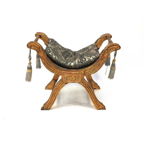2037 - French gilt wood x framed stool with gold floral upholstered cushioned seat, 57cm high x 70cm wide x... 