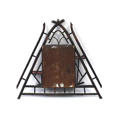 2047 - Aesthetic bamboo wall mirror and shelves of triangular form, hand painted with flowers, 67cm high