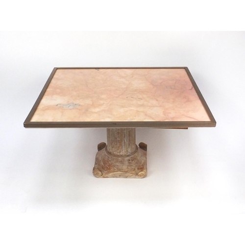 2025 - Rectangular marble table supported on a pedestal column base, 45cm high x 85cm wide x 78cm deep