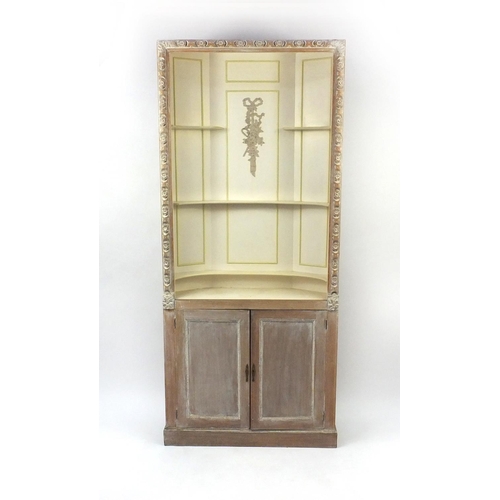 2051 - Bleached wooden and painted cabinet with open shelves above a pair of panelled doors, 209cm high x 9... 