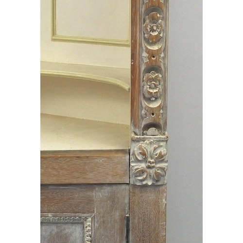 2051 - Bleached wooden and painted cabinet with open shelves above a pair of panelled doors, 209cm high x 9... 