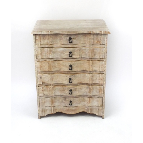 2036 - Bleached wooden six drawer chest with shaped drawers, 85cm high x 64cm wide x 40cm